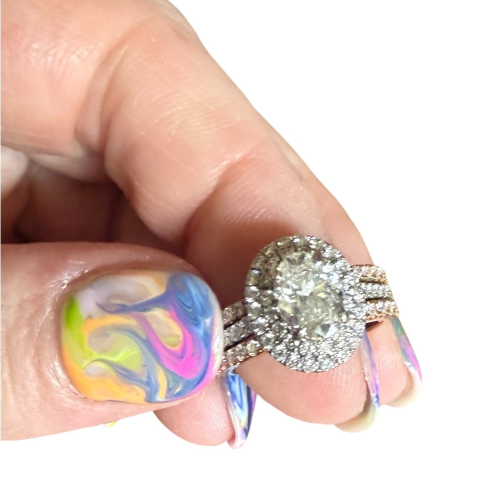14k Halo Oval Diamond Engagement Ring with 2 rose gold diamond pavè bands. - Picture 2 of 12